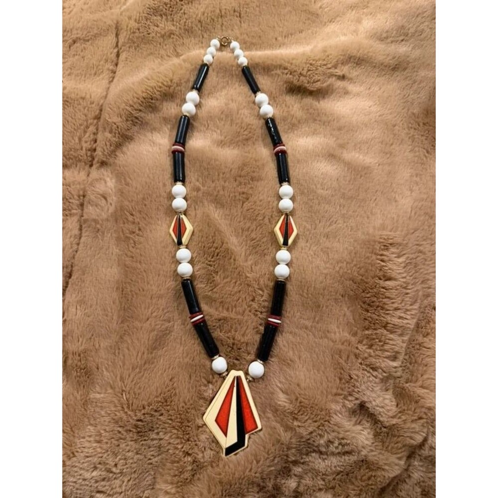 Vintage Modernist Geometric Statement Necklace – Signed JAPAN – Red & Black Enam